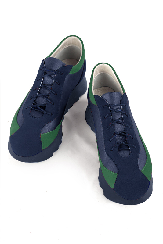 Navy blue and emerald green women's elegant sneakers. Round toe. Low rubber soles. Top view - Florence KOOIJMAN